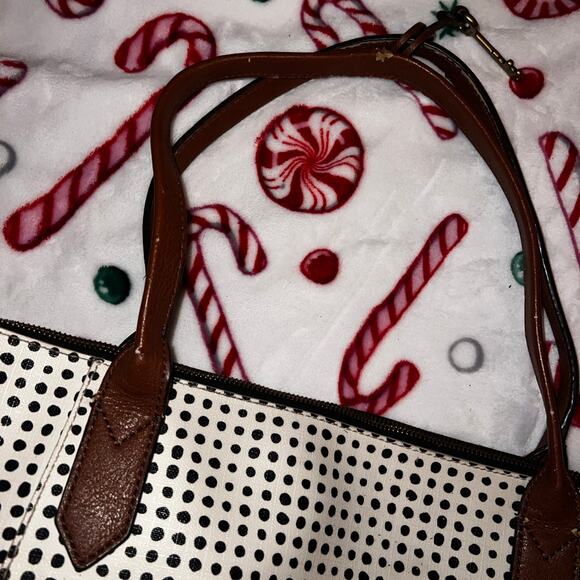 FOSSIL Emma Tote White with Black Polka Dots Brown Trim Handbag Coated Canvas - Picture 5 of 7